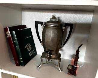 Vintage Percolator, antique pipe and books