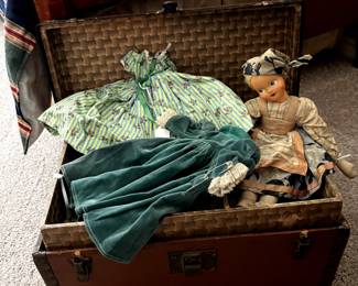 Antique Box with Doll and darling doll dresses