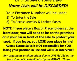 PLEASE READ - ENTRANCE NUMBERS FOR THE SALE
