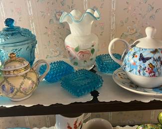 Fenton vase 
Snack sets 
Blue ashtrays 