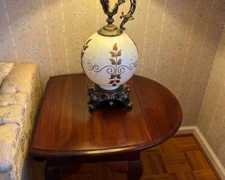 Pair mid century lamps 
Pair drop leaf cherry end tables 