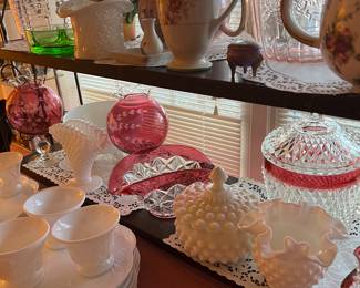 Diamond point 
Milk glass hobnail 
Pink depression cracker jar 