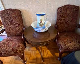 Drum table w brass feet 
Tapestry Queen Anne side chairs 