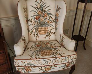 Amazing Crewel Work Wing Back Chairs (pair available)