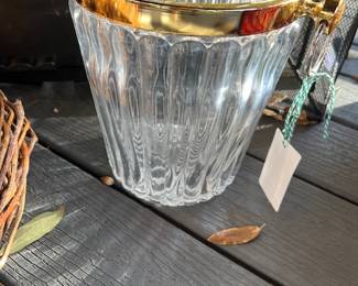 Glass ice bucket with brass trim
