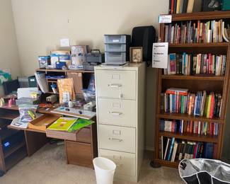 Office desk, bookshelf, books, Legal size filing cabinet, printer