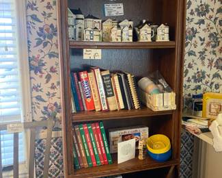 Bookcase, cookbooks, picnic baskets, Southern Living Magazines, 