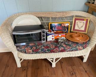Wicker love seat, toaster oven, Fajita, Salsa Tray