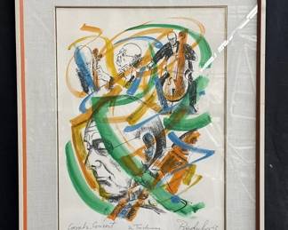 Lot # : 600 - Framed pen signed hand colored print on paper