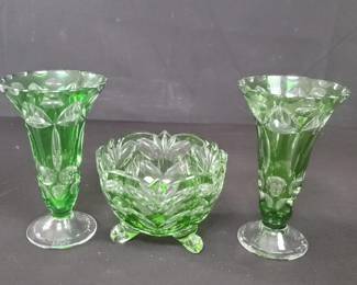 Lot # : 203 - Pair of Green pressed glass vases and a footed