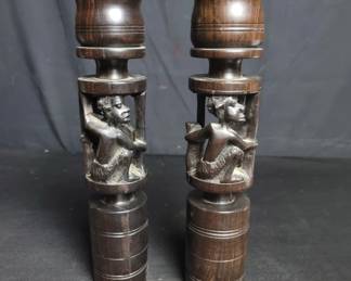 Lot # : 631 - African ebony carved wood candlesticks