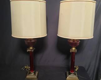 Lot # : 468 - Pair of Vintage cranberry glass and brass oil
style lamps
