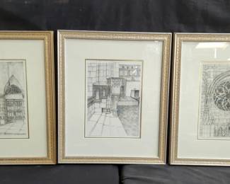 Lot # : 156 - 3 signed Lynn Van Dam ink on paper cathedral