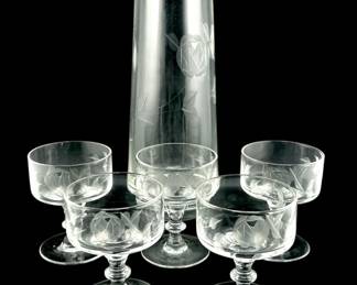 Lot # : 363a - 6pc Mid century Rose etched cocktail pitcher & glasses Pitcher