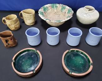 Lot # : 666 - Group of pottery cups, bowl, vase, ashtray