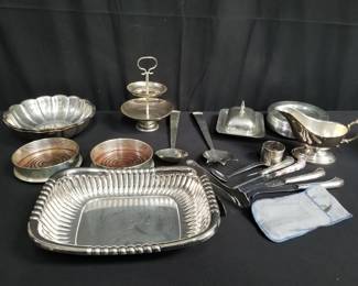 Lot # : 321 - Group of silver plate bowls, utensils, butter