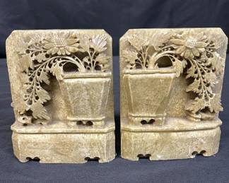 Lot # : 420v - Vintage Chinese floral carved soapstone bookends