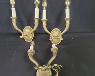 Lot # : 664 - Three vintage brass electrified sconces