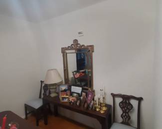 Baker Mahogany Side Chairs, Hunt board, Baldwin Brass Candlesticks