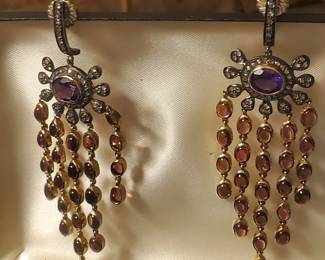 Garnet, Amethyst, Diamond Vermeil Dangle Earrings