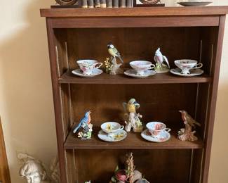 MCM bookcase, "Illustrated Works of Shakspeare" set, cups/saucers, bird figures