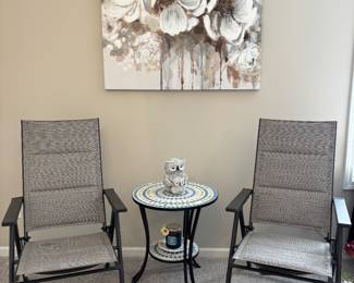 Folding chairs, mosaic table, owl, Floral art