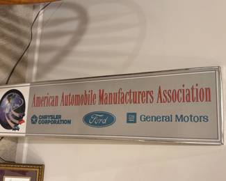 Vintage American automobile manufacturers Association sign. Chrysler corporation Ford general motors.