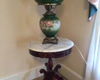 rose carved marble top pedestal table is sold, GWTW glass shade lamp $225.