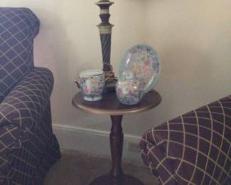 pedestal table $45,, lamp, Andrea pieces