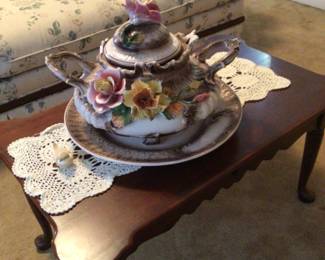 Bombay Co. coffee table $70., Capidomonte tureen (chipped) with underplate $65.