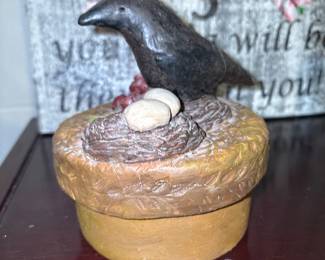 Decorative trinket box - Raven perched on nest with eggs
