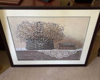 framed stillife with basket of white flowers by Arnie Fisk