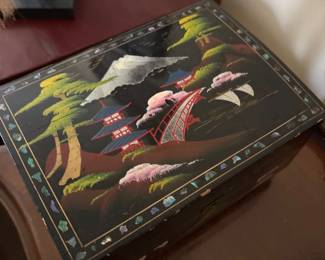 vintage Japanese Black Lacquer Jewelry box with mother of pearl inlay