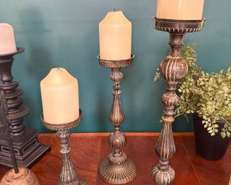 set of 3 ornate wooden carved pillar candle holders
