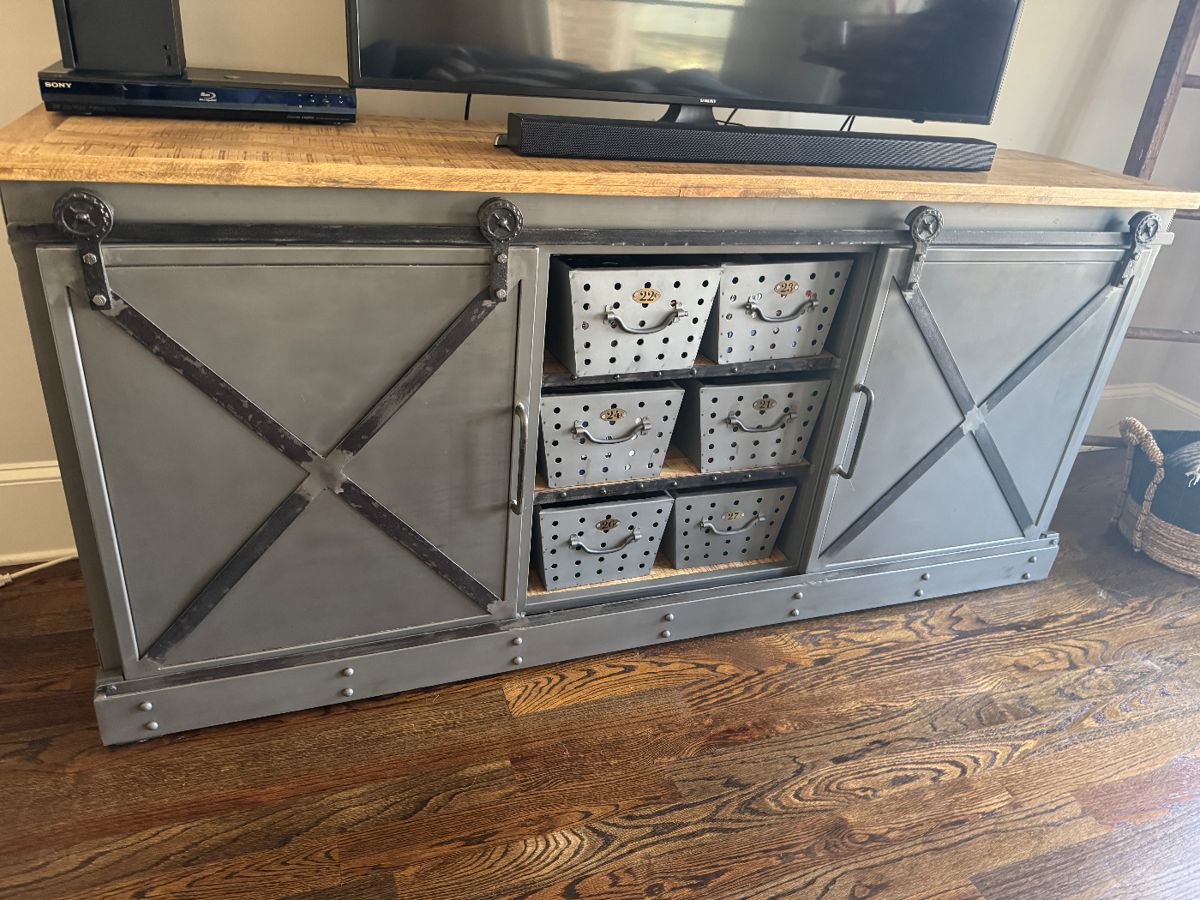 Great salvaged wood top cabinet with shelves and metal baskets