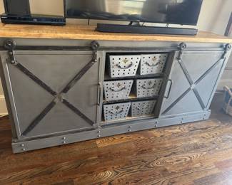 Great salvaged wood top cabinet with shelves and metal baskets