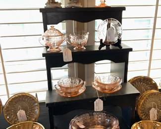 Gold Rimmed Glass Plates & Vintage Federal Rose Various Pieces