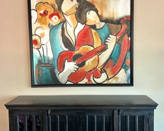 Black Distressed-Finish Cabinet with Glass-Paneled Doors