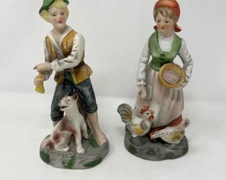 28 Man Dog and Woman Chickens Bisque Figures