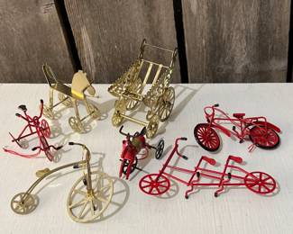 67 Red and Brass Wire Bicycles, Carriage Rocking Horse