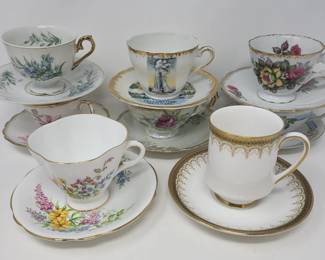 11 Tea Cups Saucers with Gold Trim Athena Clarence Rosina More