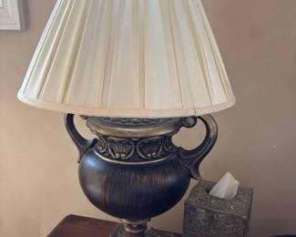 antique brass urn lamp with silk shade 