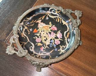 Antique Chinese Hua Rong Tang Zhi Brass and Porcelain Footed dish 