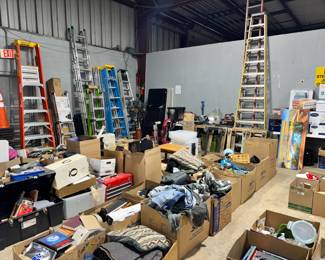 Ladders and Box Lots of misc household items, Linens and Decor Orlando Estate Auction