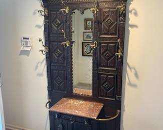 Antique European Hand Carved Hall Tree with Brass Accents and Marble Top!!