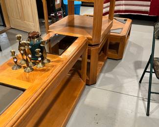 Glass and wood tables.