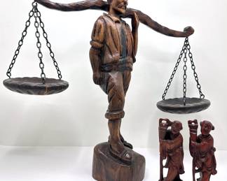 Vintage Hand Carved Wood Decorative Scale & 2 Asian Mahogany Figurines
Lot #: 132