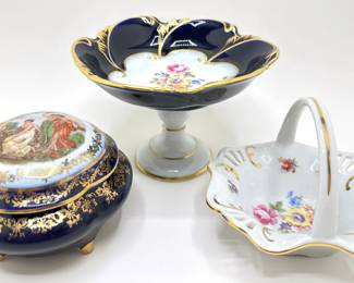 Vintage Jlmenau Graf Von Henneberg East German Pedestal Bowl, Trinket Box & Basket With Gold Accents
Lot #: 57