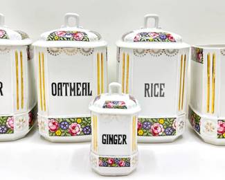 5 Antique MZ Altrechlau Czechoslovakian Porcelain Covered Kitchen Food Canisters
Lot #: 33