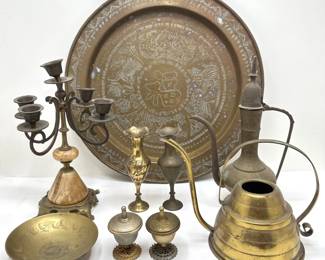 Vintage Brass Platter, Candle Holder, Vases, Bottles & More
Lot #: 162